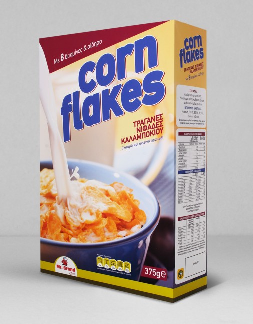 Σχεδιασμός συσκευασίας κουτιού με corn flakes Mr. Grand